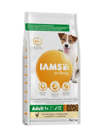 Iams Dog Small/Medium - Пълноценна суха храна за израснали кучета от дребни и средни породи с пилешко месо, 12 кг.
