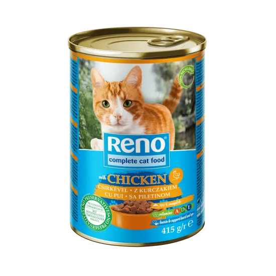 Reno Chunk Cat - Пълноценна консервирана храна за котки с пилешко месо, 24 броя х 415 гр.