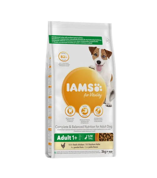 Iams Dog Adult Small/Medium - Пълноценна суха храна за израснали кучета от дребни и средни породи със сушено пилешко и пуешко месо, 2 кг