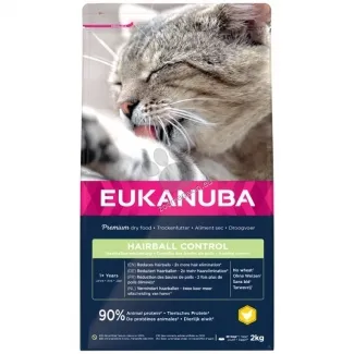 Eukanuba Cat Adult Hair ball control - Пълноценна суха храна за израснали домашни котки, помагаща храносмилателната система и преработката на космените топки с пилешко месо, 2 кг.