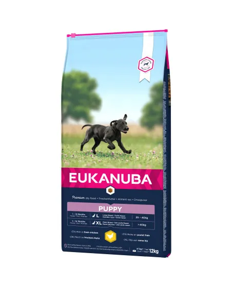 Eukanuba Dog Puppy Large - Пълноценна суха храна за подрастващи кученца от едри породи на възраст - между 2 и 12 месеца с пилешко и пуешко месо, 12 кг.