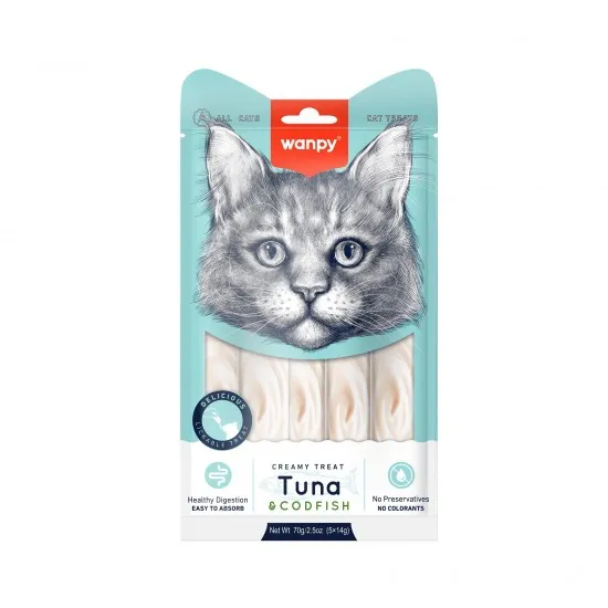 Wanpy Creamy Tuna and cod 5 x 14 г - Премиум клас кремообразно лакомство за котки с риба тон и треска, 5 порции в пакет/ 2 пакета