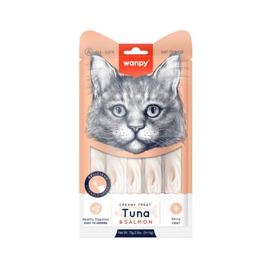 Wanpy - Течно лакомство за котки с риба тон и сьомга 5 х 14 гр. в пакет/ 2 пакета