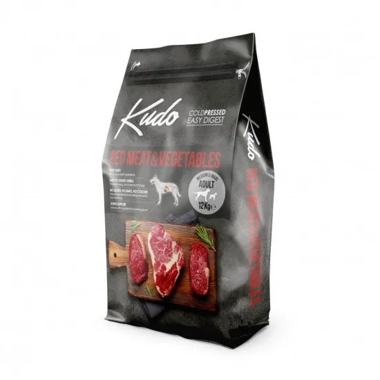 Kudo Low Grain Red Meat / Vegetables Medium-Maxi Adult - Пълноценна суха храна за средни/едри породи над 1 год (червен) с телешко и свинско месо, 12 кг.