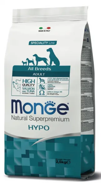 Monge All Breeds Adult Hypo with Salmon and Tuna - Пълноценна суха храна за израснали кучета от всички пород, хипоалергенна, сьомга и риба тон 15 кг.