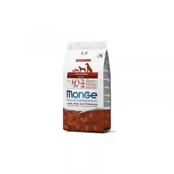 Monge Dog Adult All Breeds Lamb Rice - Пълноценна лесно смилаема суха храна за израснали кучета от всички породи с агнешко и ориз, 15 кг.