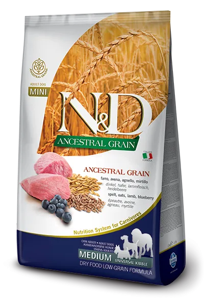 N&D Ancestral Grain Dog Adult Medium & Maxi Lamb & Blueberry - Пълноценна суха храна за израснали кучета от средни и едри породи с агнешко месо и боровинка, 12 кг.