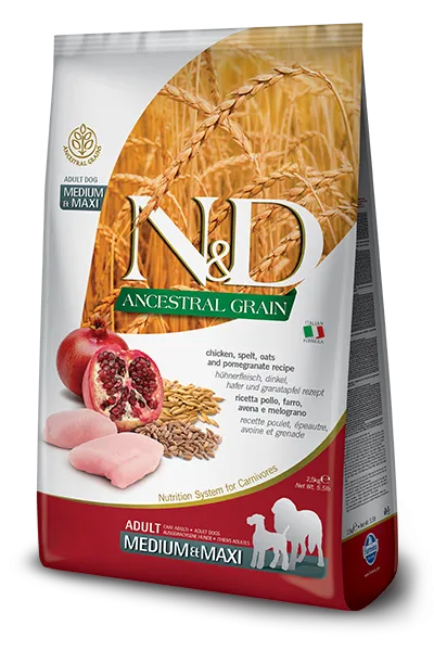 N&D Ancestral Grain Canine Adult Medium Maxi - Пълноценна суха храна за израснали кучета от средни и едри породи с пилешко месо и нар, 12 кг.