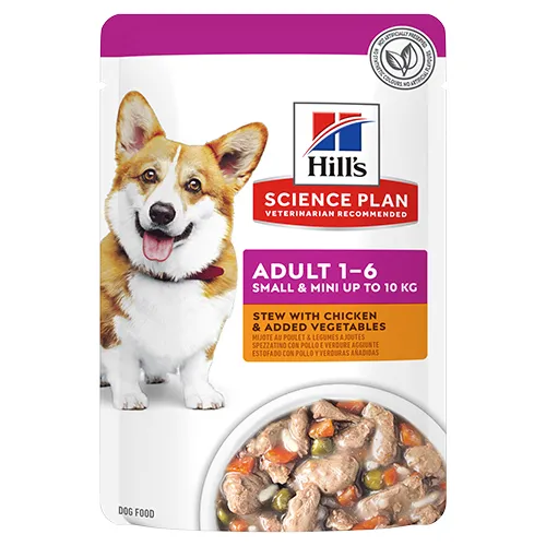 Hill’s Science Plan Small & Mini Adult Dog Stew with Chicken & Vegetables – Пълноценна мокра храна за кучета от мини и малки породи над 1 година, задушено със зеленчуци и пилешко, пауч, 12 броя х 80 гр.