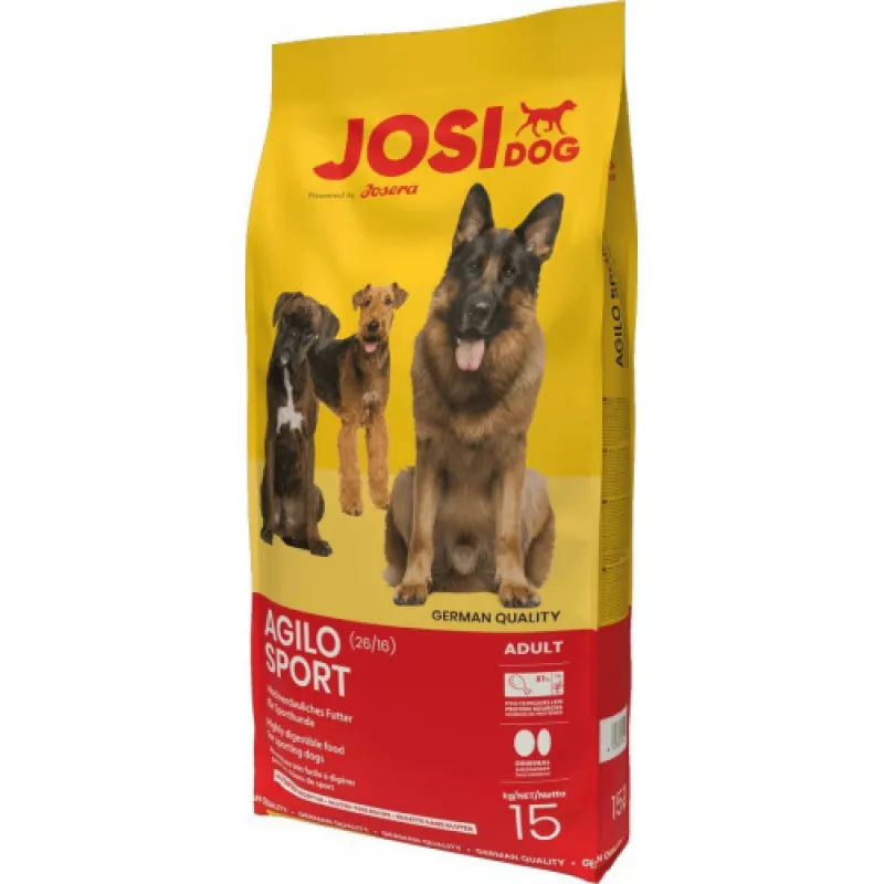 Josera Agilo Sport Adult - Пълноценна суха храна за израснали и активни спортуващи кучета, с пилешко месо, сушена сьомга и ориз, 15 кг.