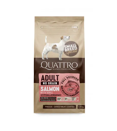 Quattro Adult - Пълноценна суха храна за израснали кучета над 1 година с месо от сьомга и крил, 1.5 кг.