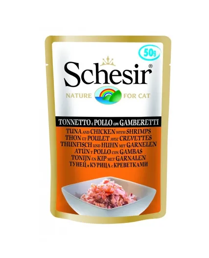 Schesir - Пауч за израснали котки с месо от риба тон, пиле и скариди 50 гр./4 броя