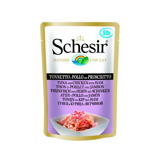 Schesir - Пауч за израснали котки с месо от риба тон, пиле и шунка, 50 гр./4 броя