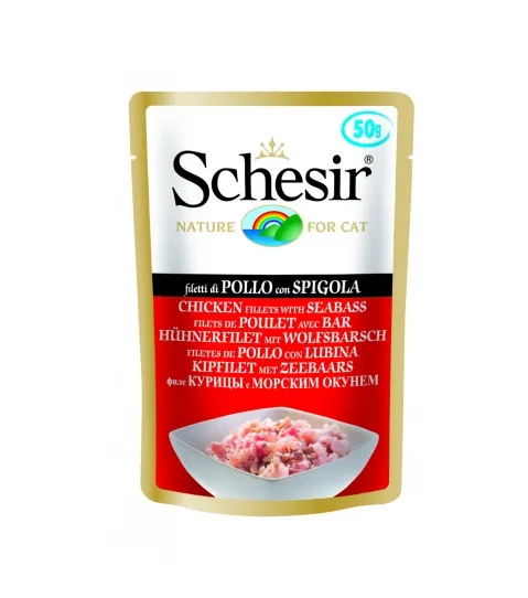 Schesir - Пауч за израснали котки с месо от пиле и лаврак, 50 гр./4 броя