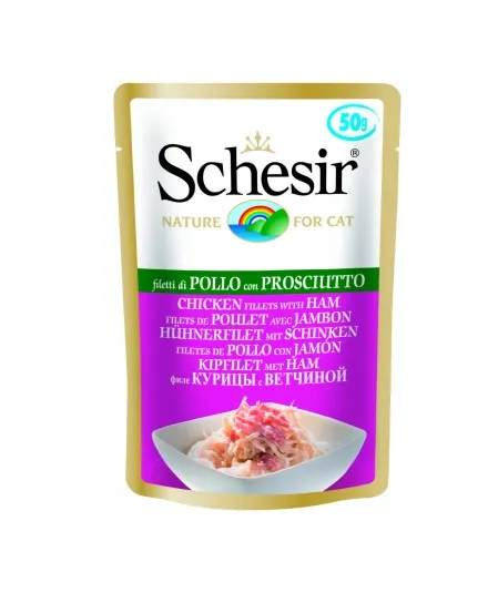 Schesir - Пауч за израснали котки с пилешки филенца и шунка, 50 гр./4 броя