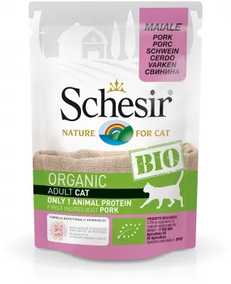Schesir Cat Bio - Био пауч за котки, без зърно, със свинско месо, 85 гр./3 броя