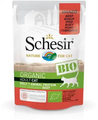 Schesir Cat Bio - Био пауч за котки, без зърно, със говеждо месо, 85 гр./3 броя