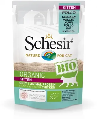 Schesir Cat Bio - Био пауч за подрастващи котки, без зърно, със пилешко месо, 85 гр./3 броя