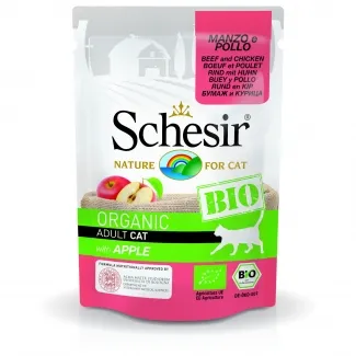 Schesir Cat Bio - Био пауч за котки, без зърно, с говеждо, пилешко месо и ябълки, 85 гр./3 броя