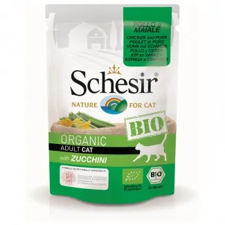 Schesir Cat Bio - Био пауч за котки, без зърно, със свинско, пилешко месо и тиквички, 85 гр./3 броя