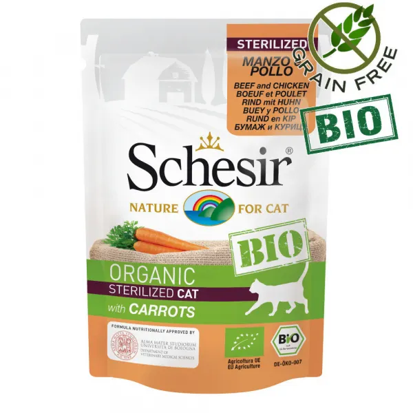 Schesir Cat Bio - Био пауч за израснали и кастрирани котки, без зърно, с говеждо, пилешко месо и моркови, 85 гр./3 броя
