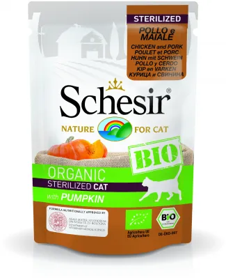 Schesir Cat Bio - Био пауч за израснали и кастрирани котки, без зърно, със свинско, пилешко месо и тиквички, 85 гр./3 броя