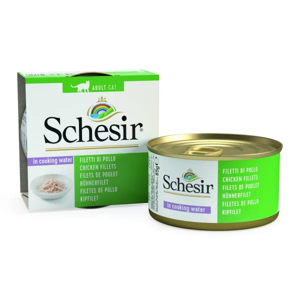 Schesir Cat Chicken Fillets Natural - Консерва за израснали котки с пилешки филенца в собствен сос с ориз 85 гр./3 броя