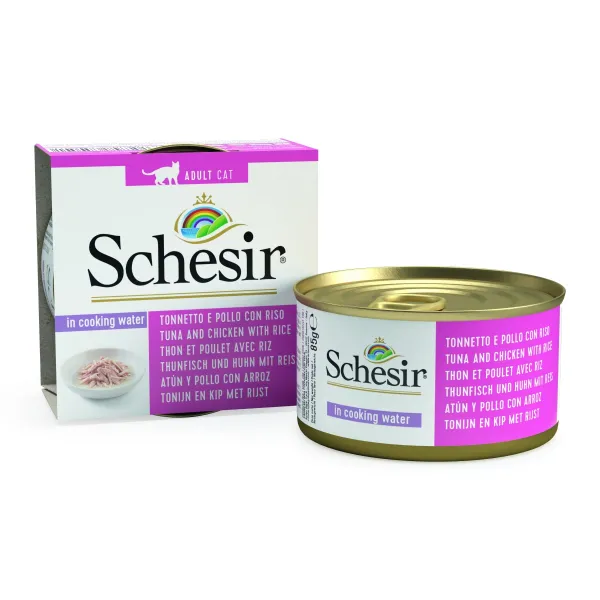 Schesir Cat Tuna & Chicken Natural - Консерва за израснали котки с риба тон, пилешко и ориз в собствен сос, 85 гр./ 3 броя