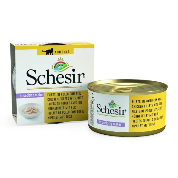 Schesir Cat Chicken Adult - Консерва за израснали котки с пилешко месо с ориз в сос, 85 гр./ 3 броя