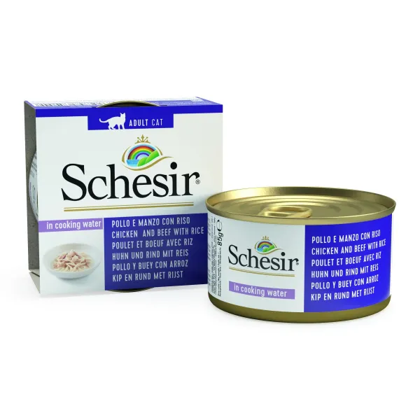 Schesir Cat Chicken & Beef Natural - Консерва за израснали котки с пилешки и говежди филенца в собствен сос с ориз, 85 гр./ 3 броя