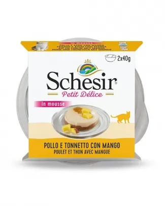 Schesir Delice - Консервирана храна за котки с риба тон, пиле и манго 2 х 40 гр. в пакет/ 2 пакета