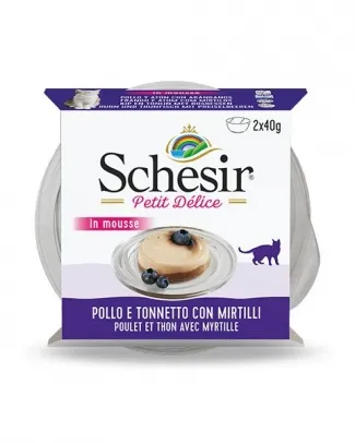 Schesir Delice - Консервирана храна за котки с риба тон, пиле и боровинки 2 х 40 гр. в пакет/ 2 пакета