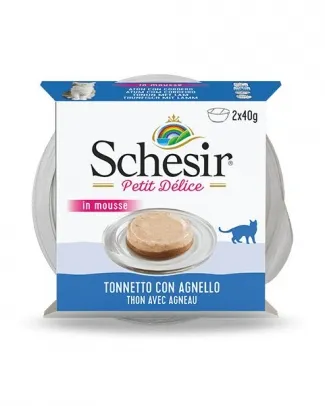 Schesir Delice - Консервирана храна за котки с риба тон и агнешко, 2 х 40 гр. в пакет/ 2 пакета