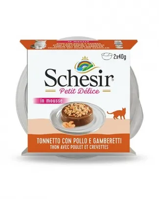 Schesir Delice - Консервирана храна за котки с риба тон, пиле и скариди, 2 х 40 гр. в пакет/ 2 пакета