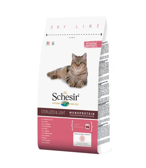 Schesir Sterilized & Light with Ham - Пълноценна суха храна за израснал котки, с прошуто, за кастрирани или с наднормено тегло, 400 гр.