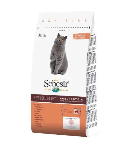 Schesir Sterilized & Light with Chicken - Пълноценна суха храна за израснали котки с пилешко месо, за кастрирани или с наднормено тегло, 1.5 кг.