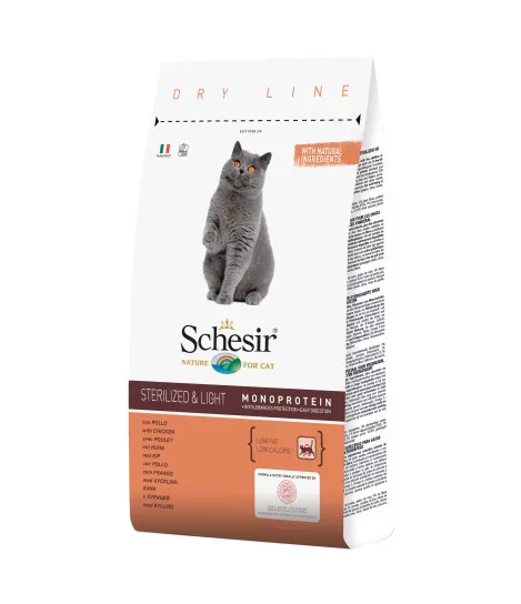 Schesir Sterilized & Light with Chicken - Пълноценна суха храна за израснали котки с пилешко месо, за кастрирани или с наднормено тегло, 10 кг.