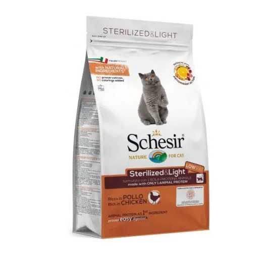 Schesir Sterilized & Light - Пълноценна суха храна за израснали котки с прошуто, за кастрирани или с наднормено тегло, 10 кг.
