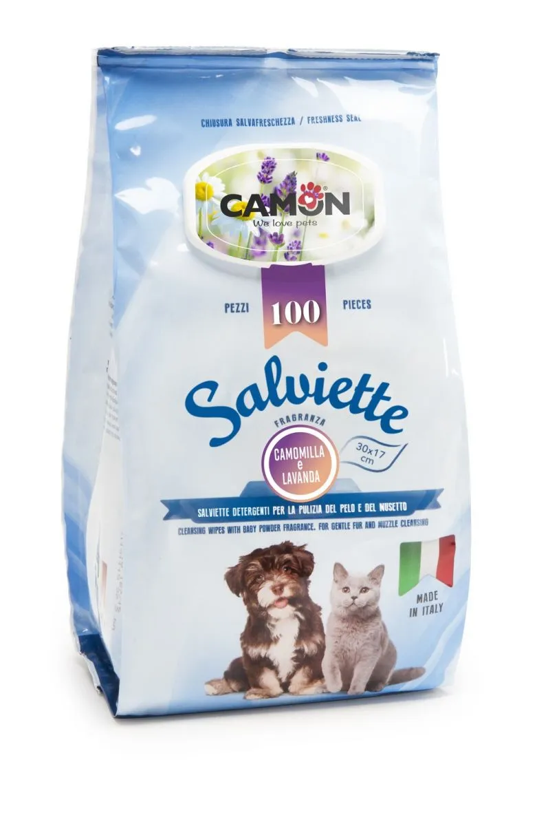 Camon - Почистващи кърпички за кучета и котки с аромата на Лайка и Лавандула - 100 бр.