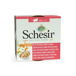Schesir Adult Cat Salad - Висококачествена консервирана храна за израснали котки с пилешко, говеждо, манго и грах, 85 гр./ 3 броя 1