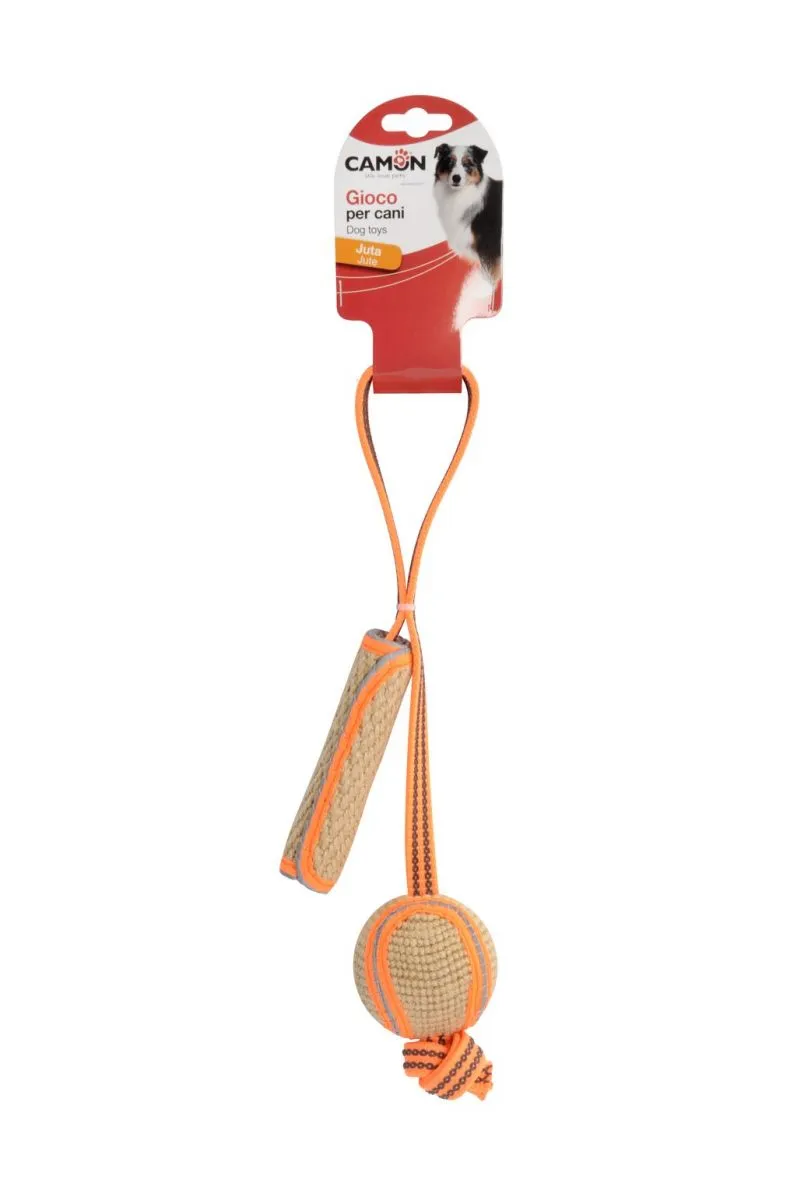 Camon Jute - Тренировъчна играчка за кучета, здраво въже с дръжка и топка от юта, 65/7 см.