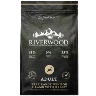 Riverwood Adult - Пълноценна суха храна специално разработена за израснали кучета, допринася за поддържане на здравословно тегло с еленско, агнешко месо и заек, 12 кг. 1