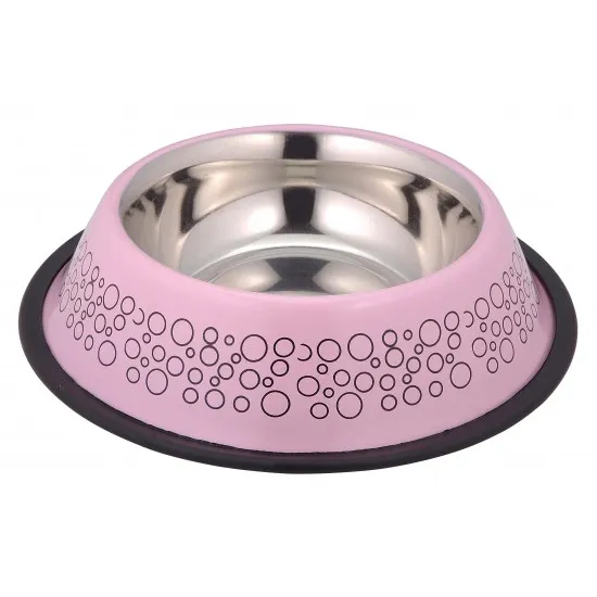 Anipro Bubbles No Slip - Метална купа с неплъзгащо дъно за храна и вода за кучета и котки, розова 15.5 см, 200 мл.