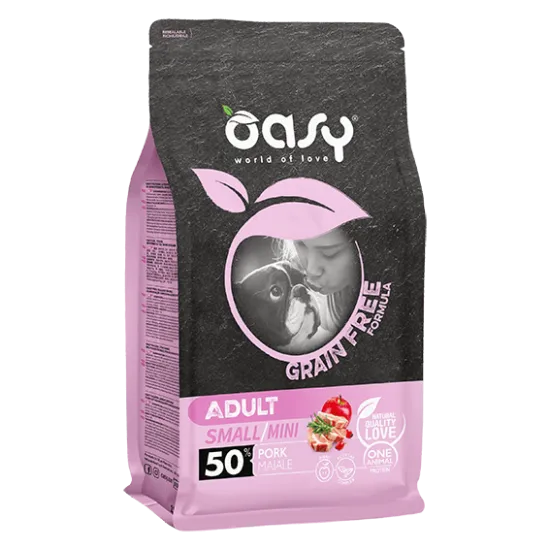 Oasy Dry Dog Grain Free Adult Mini - Премиум суха храна за кучета над 1 година от мини породи, без зърно,  със свинско месо, 2.5 кг.