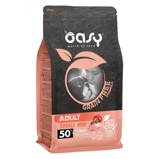 Oasy Dry Dog Grain Free Adult Mini - Пълноценна суха храна за кучета над 1 година от мини породи, без зърно,  с пуйка, 800 гр.