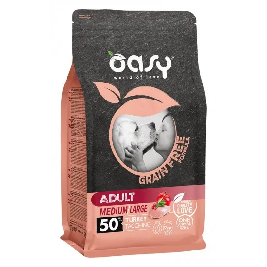 Oasy Dry Dog Grain Free Adult Medium/Large - Премиум суха храна за кучета над 1 година от средни и големи породи, без зърно, с пуешко месо, 12 кг.