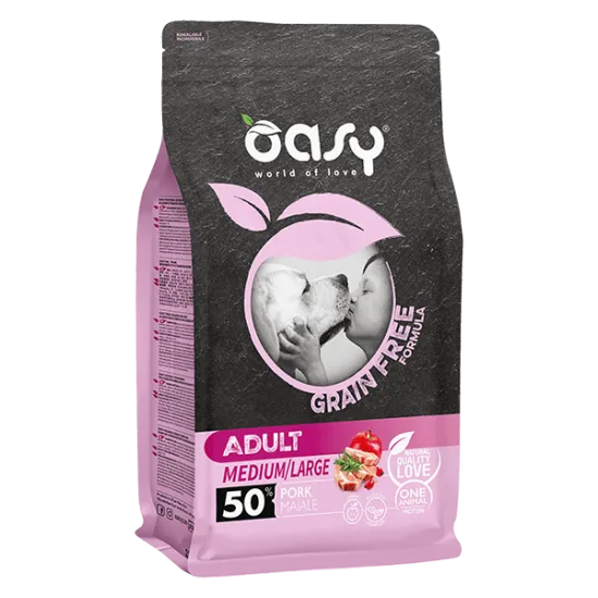 Oasy Dry Dog Grain Free Adult Medium/Large - Премиум суха храна за кучета над 1 година от средни и големи породи, без зърно, със свинско месо, 12 кг.