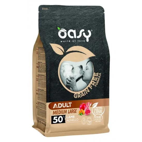 Oasy Dry Dog Grain Free Adult Medium/Large - Премиум суха храна за кучета над 1 година от средни и големи породи, без зърно, с агнешко месо, 12 кг.