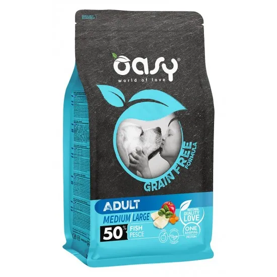 Oasy Dry Dog Grain Free Adult Medium/Large - Премиум суха храна за кучета над 1 година от средни и големи породи, без зърно, с риба, 12 кг.