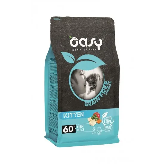 Oasy Dry Cat Grain Free Kitten- Премиум суха храна за малки котета до 1 година, бременни и кърмещи котки, без зърно, с риба, 1.5 кг.